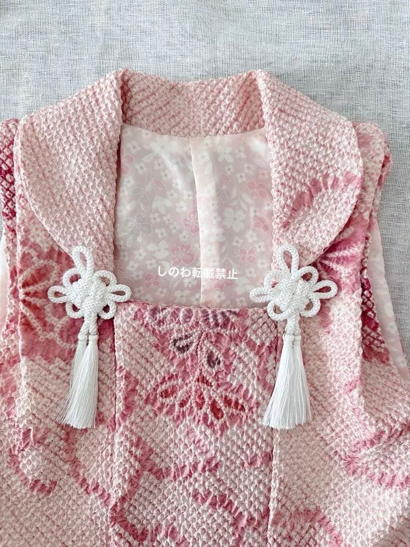 正絹総絞りお被布巾着セットくすみピンク×パープル菊模様3歳七五三
