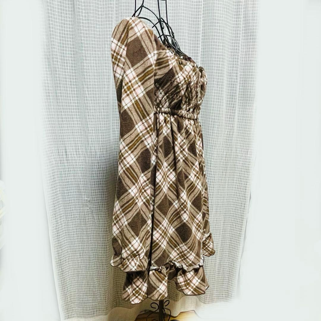00s 希少 LIZLISA✨（リズリサ）茶色チェック オフショルワンピース