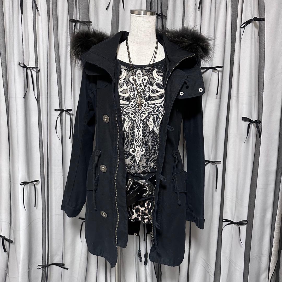 平成ギャル y2k ファー付き モッズコート 黒 アウター フェアリー