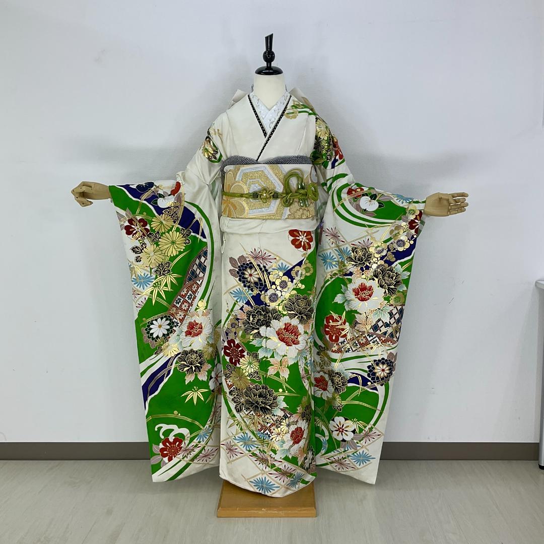 正絹お振袖10点フルセット　緑×白　新品未仕立て品　お仕立て付き 楽天市場】仕立て付き 正絹 振袖 フルセット32点 f-006 青緑