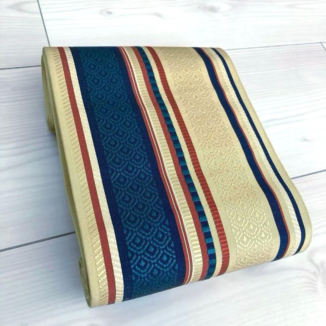 本場筑前博多織　半幅帯　縞模様　織り出し　正絹　タグ付　青海波　No.1-22