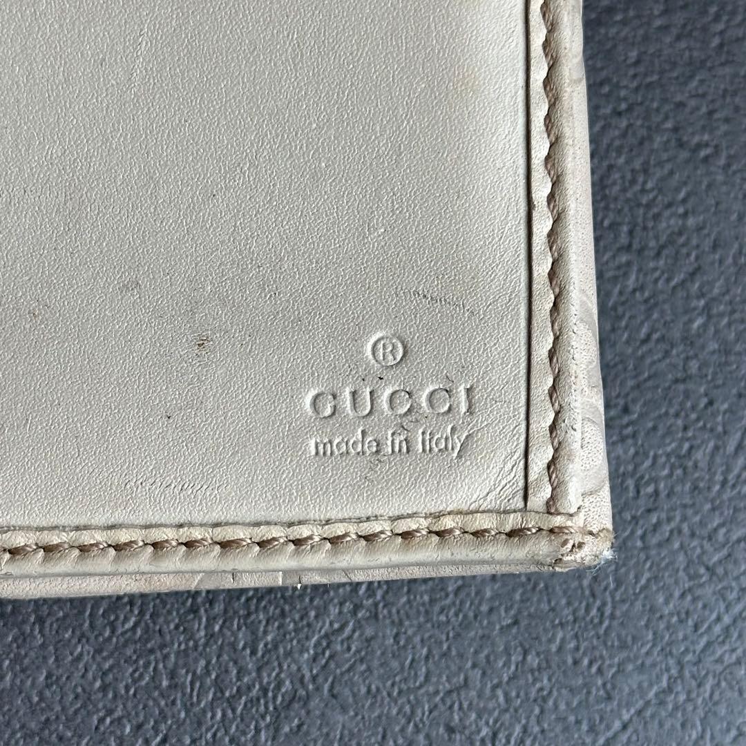 GUCCI GG シマ レザー 長財布 ロゴメタルプレート ラウンドジップ 白