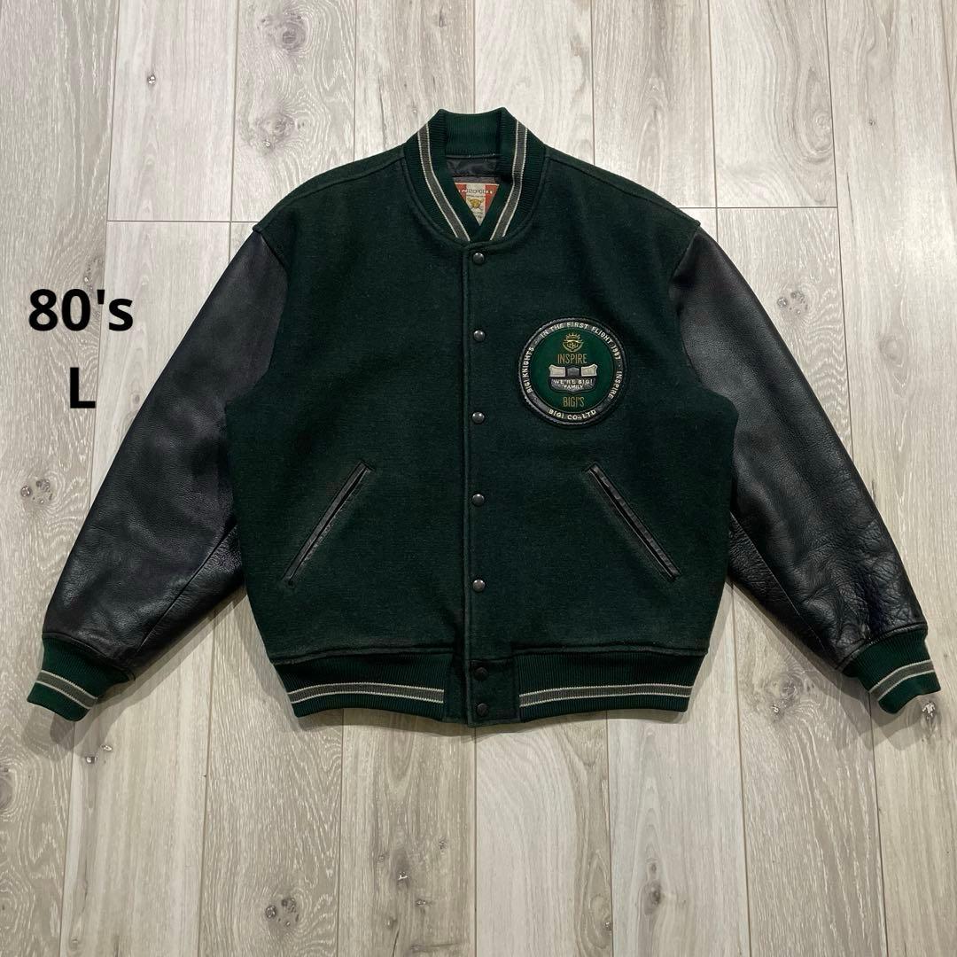 80s MEN’S BIGI 本革 袖レザー スタジャン L メンズビギ MEN'S BIGI】メンズビギ 80s スタジャン スタジアムジャンパー