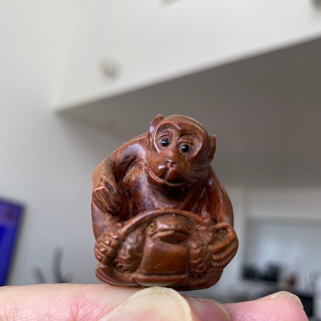 亀乗り猿」の根付】木彫 木彫り 置物 古玩 工芸品 骨董品