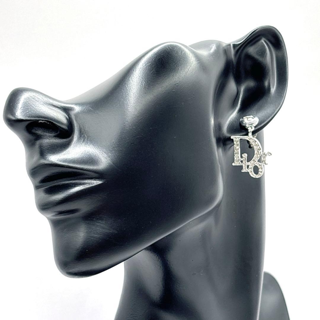 Christian Dior ロゴ 両耳 ピアス ラインストーン シルバーカラー