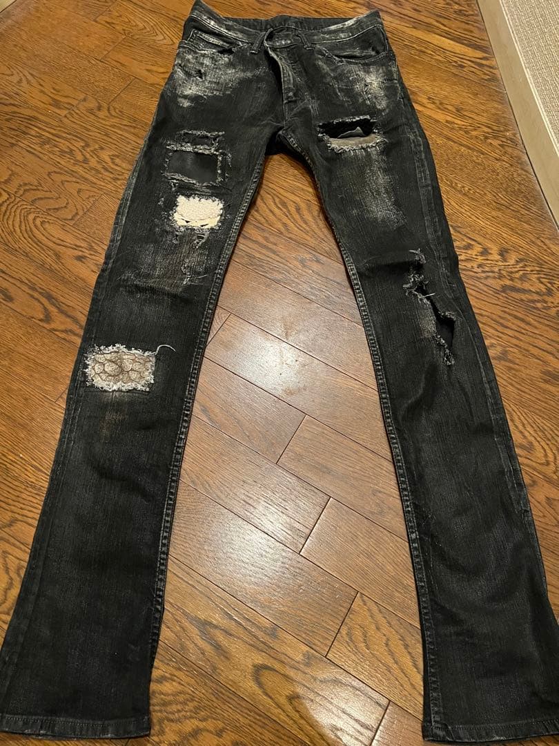 LGBダメージ加工 スリムフィット ブラックデニム D.HYGEN - Bum Flap Damaged Denim Drop Crotch Slim Pants 