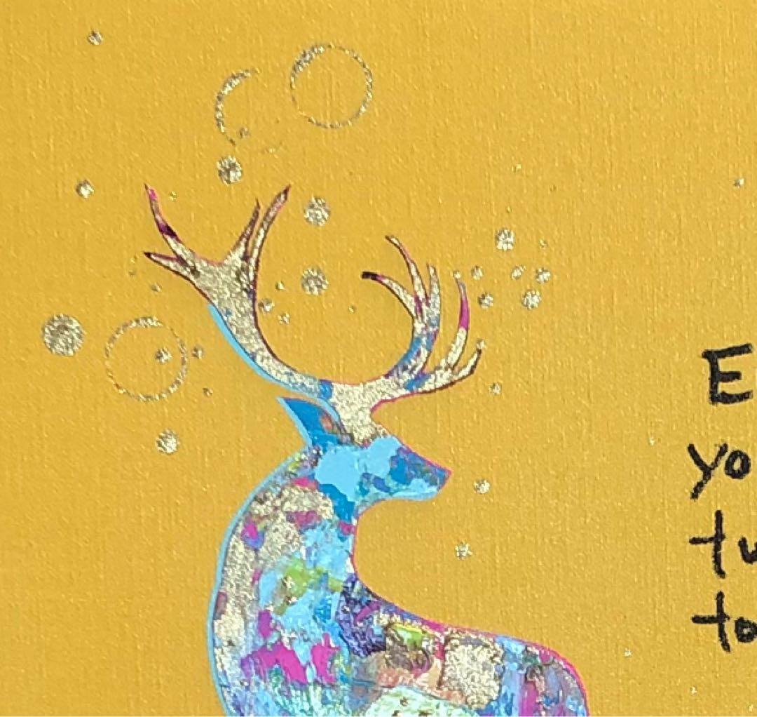絵画 油絵 原画 一点物 鹿 イエロー 英字 ポップ アート プレゼント F4