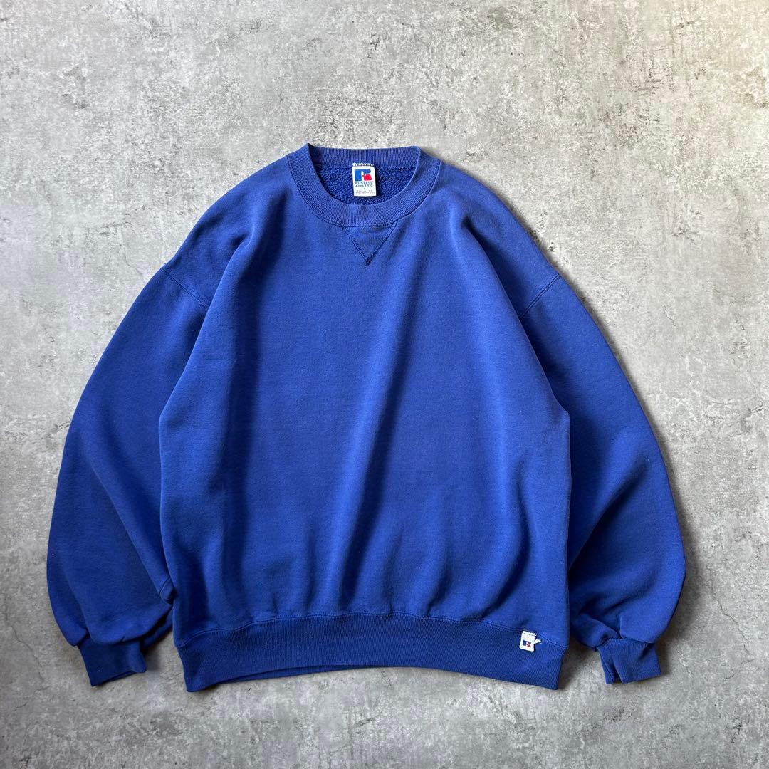 90s ラッセルアスレティック 前Vスウェット/無地プレーン USA製 ブルー 90s USA製 RUSSELLラッセル 無地 前V スウェット 青 L☆ブランク