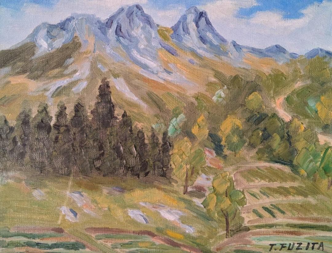 真作】絵画 藤田東光 油彩3号 西上州鹿岳 山岳風景 静かな風景 X135