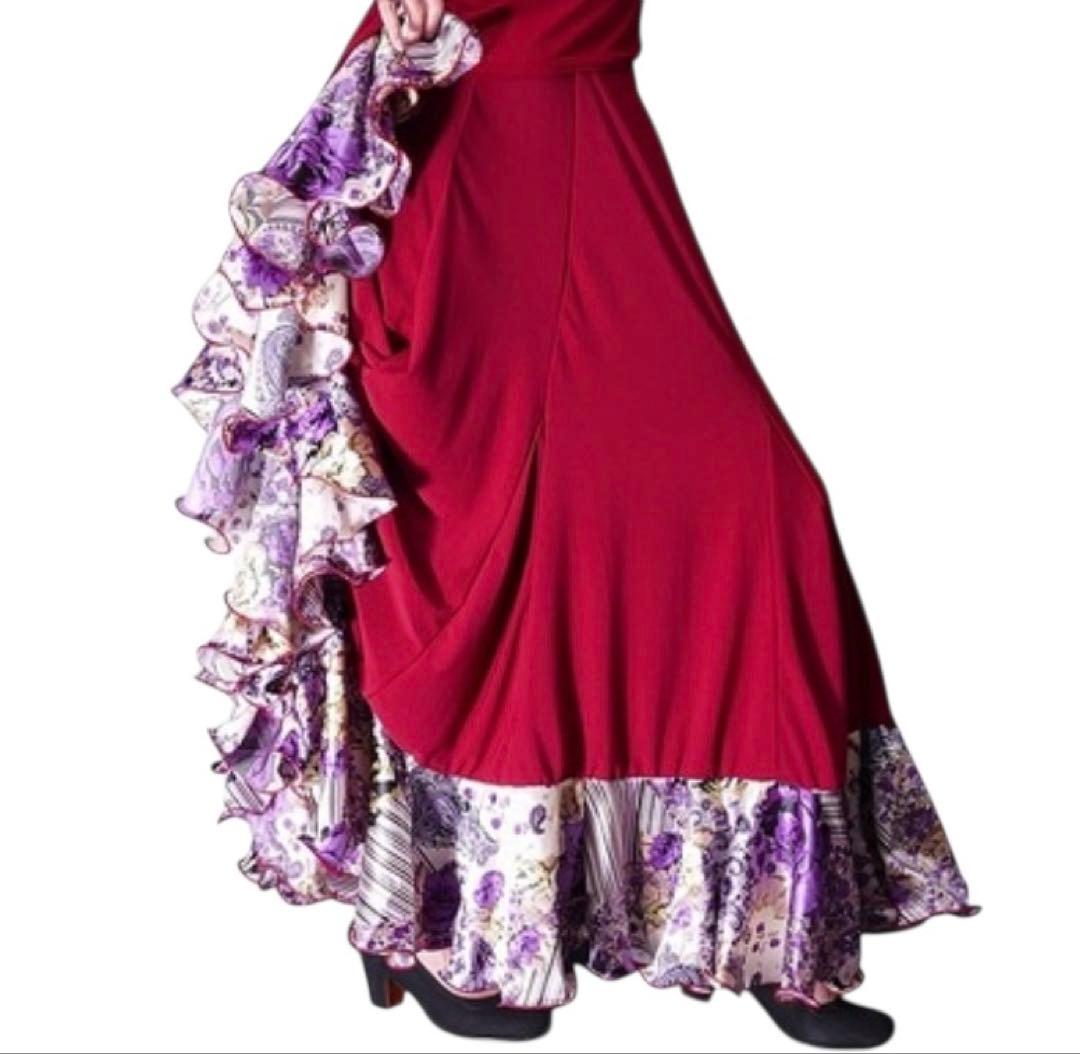 フラメンコ ローズ＆ペイズリーフリル ファルダスカート ワイン フラメンコ マーメード フリルファルダ スカート ワイン フリーサイズ
