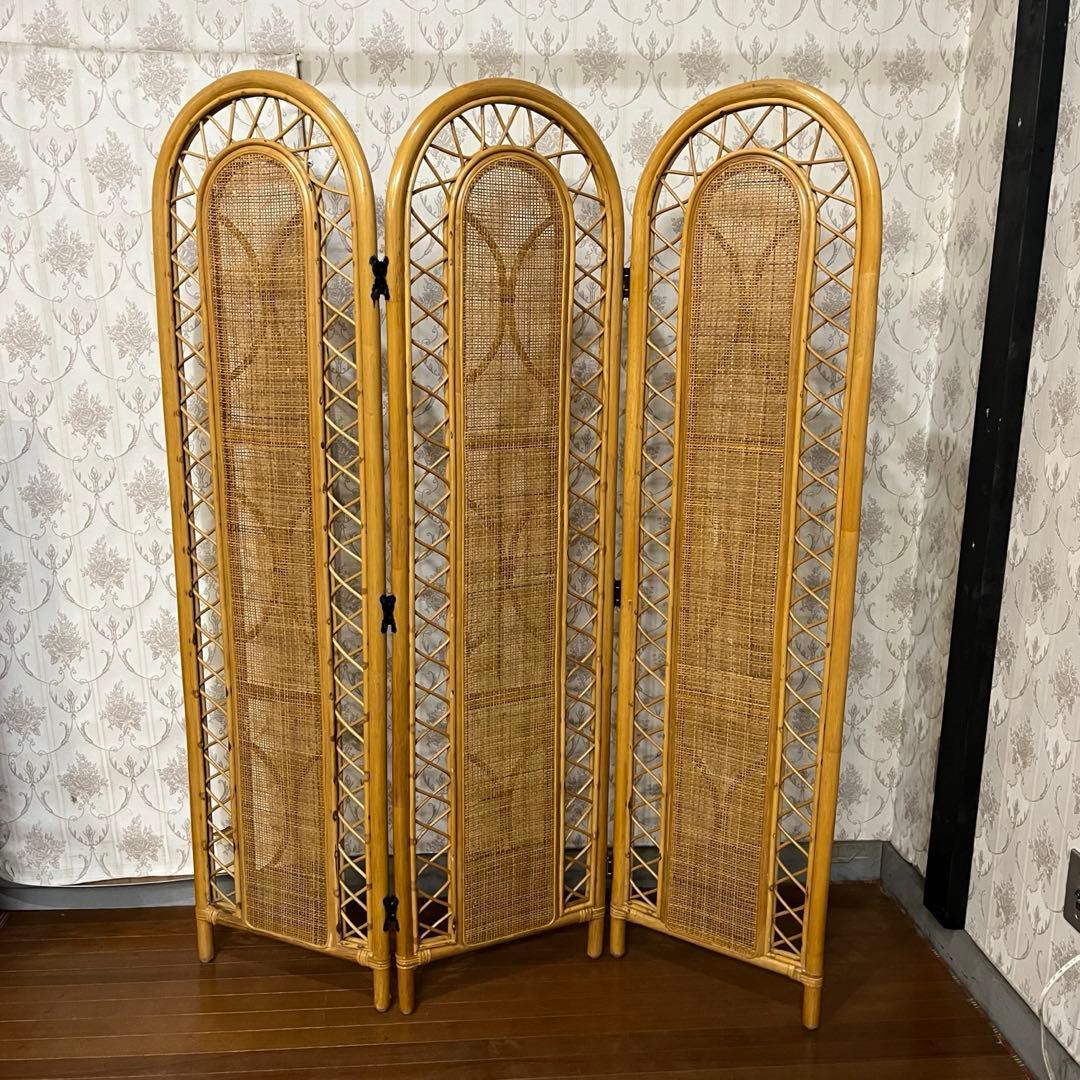 【アンティーク】籐 ラタン 3連パーテーション 間仕切り 衝立 目隠し古道具 ラタンスクリーン 3連 パーテーション 衝立 ついたて 高さ160 間仕切り