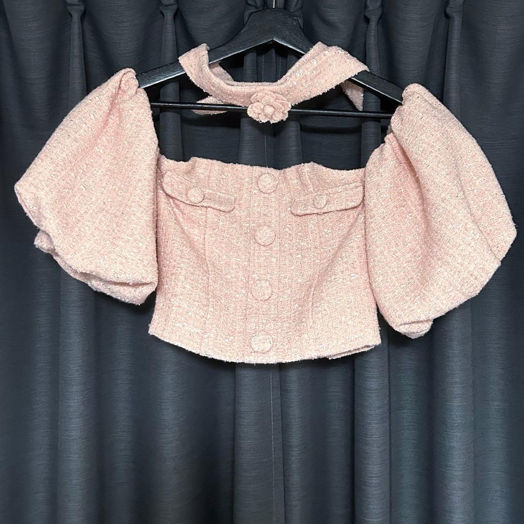 Darich ホルターネックオフショルツイードトップス ピンク