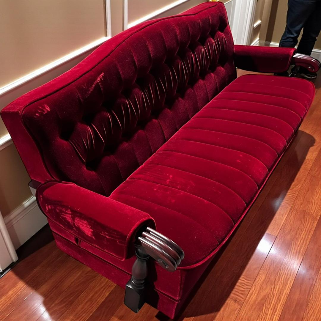 ◇昭和レトロ 古家具 3人掛けベロアソファー アームチェア ヴィンテージ 赤 昭和レトロ 古家具 三人掛けベロアソファー アームチェア ヴィンテージ