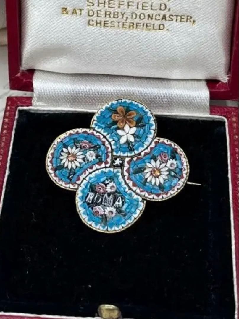 まりちゃんイタリアヴィンテージ マイクロモザイクブローチROMA文字ブルー イタリアアンティーク マイクロモザイク 忘れな草 ブローチ【E