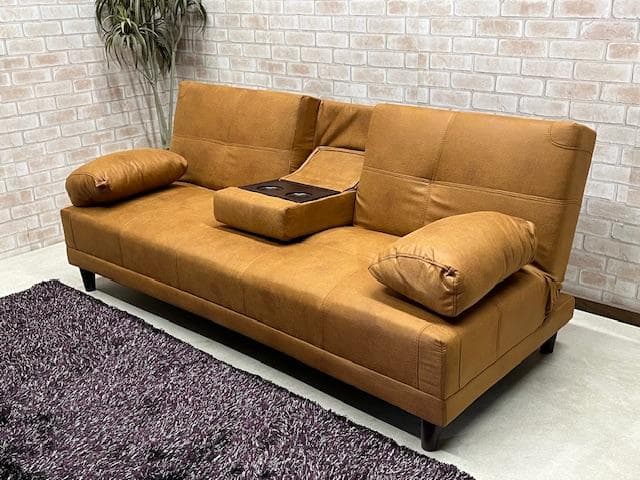 ソファーベッド キャメル 小テーブル付き レザーファブリック ソファ 新品