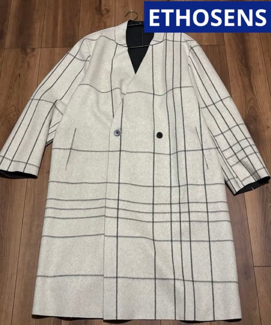 極美品 ETHOSENS ウール ロングコート チェック ウーリッシュシャギーチェックロングコート｜コート・ジャケット - etoll.