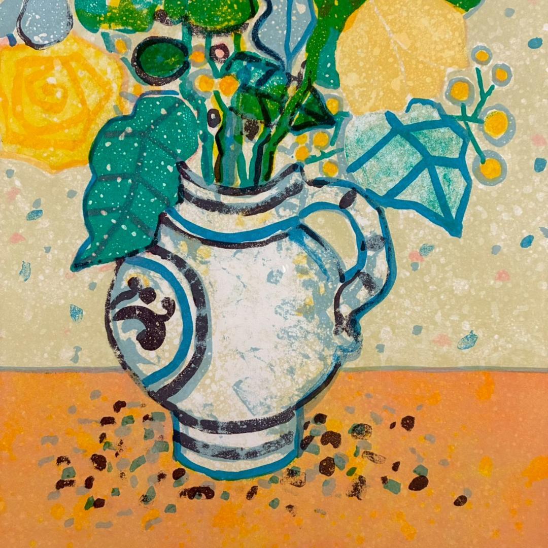 美品 ポール・アイズピリ「ベージュ背景のバラの花束」リトグラフ