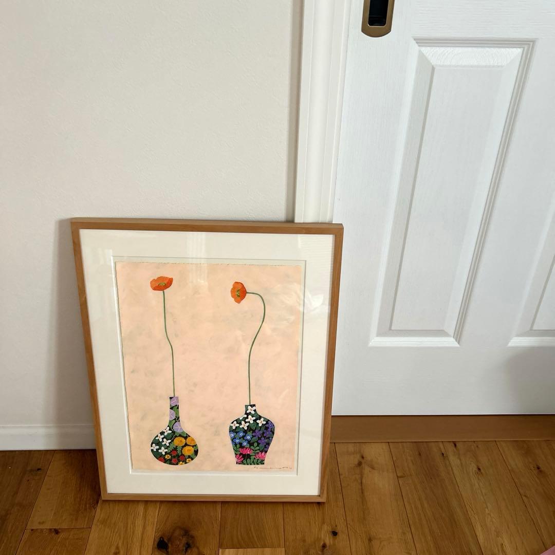 マツモトヨーコ ドローイング 絵画 「微妙な関係」 ポピーと季節の花ば