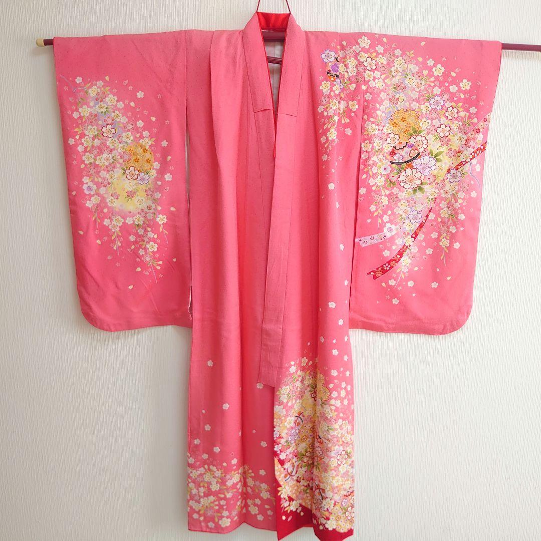 七五三セット／ 着物 帯 はこせこセット 七五三女の子小物 はこせこ・結び帯 7点セット7才向き 120cm 作り帯